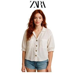 Zara Cropped Linen Blend Shirt White Boxy Oversized Button Up Medium Summer Top